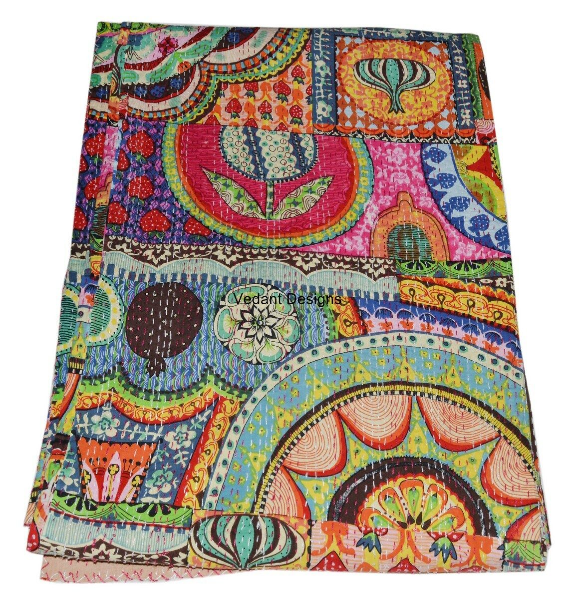 V Vedant Designs Indian Handmade Queen Cotton Twin Kantha Quilt Throw Blanket Bedsread 90x60 Inch