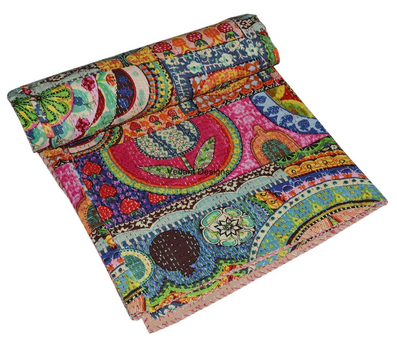V Vedant Designs Indian Handmade Queen Cotton Twin Kantha Quilt Throw Blanket Bedsread 90x60 Inch