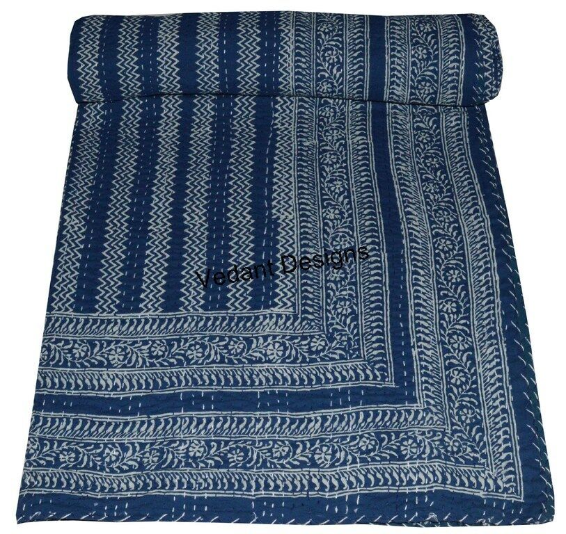 Indigo Blue Hand Block Dabu Print Cotton Kantha Bed Cover Bedspread Quilt Throw 