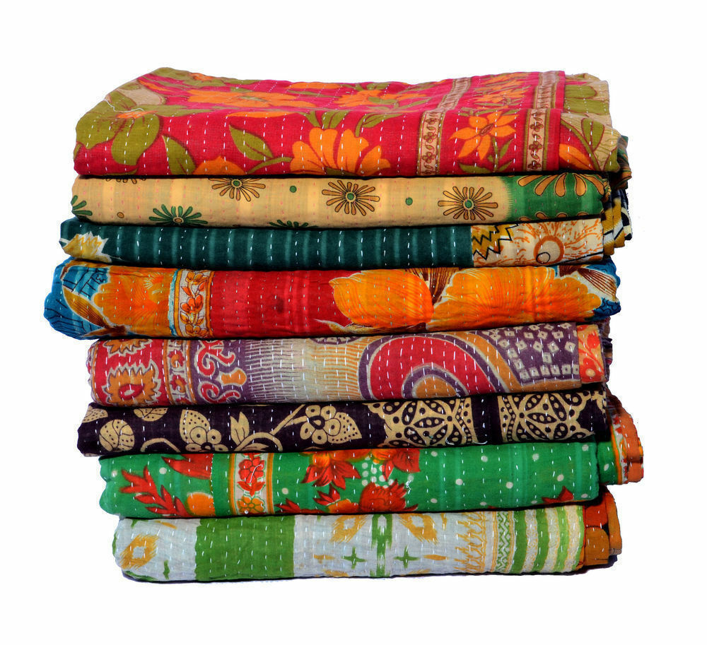 Indian Bird Print Kantha Bedcover Handmade Bedpread Vintage Kantha Quilts Hippy Coverlet Wholesale