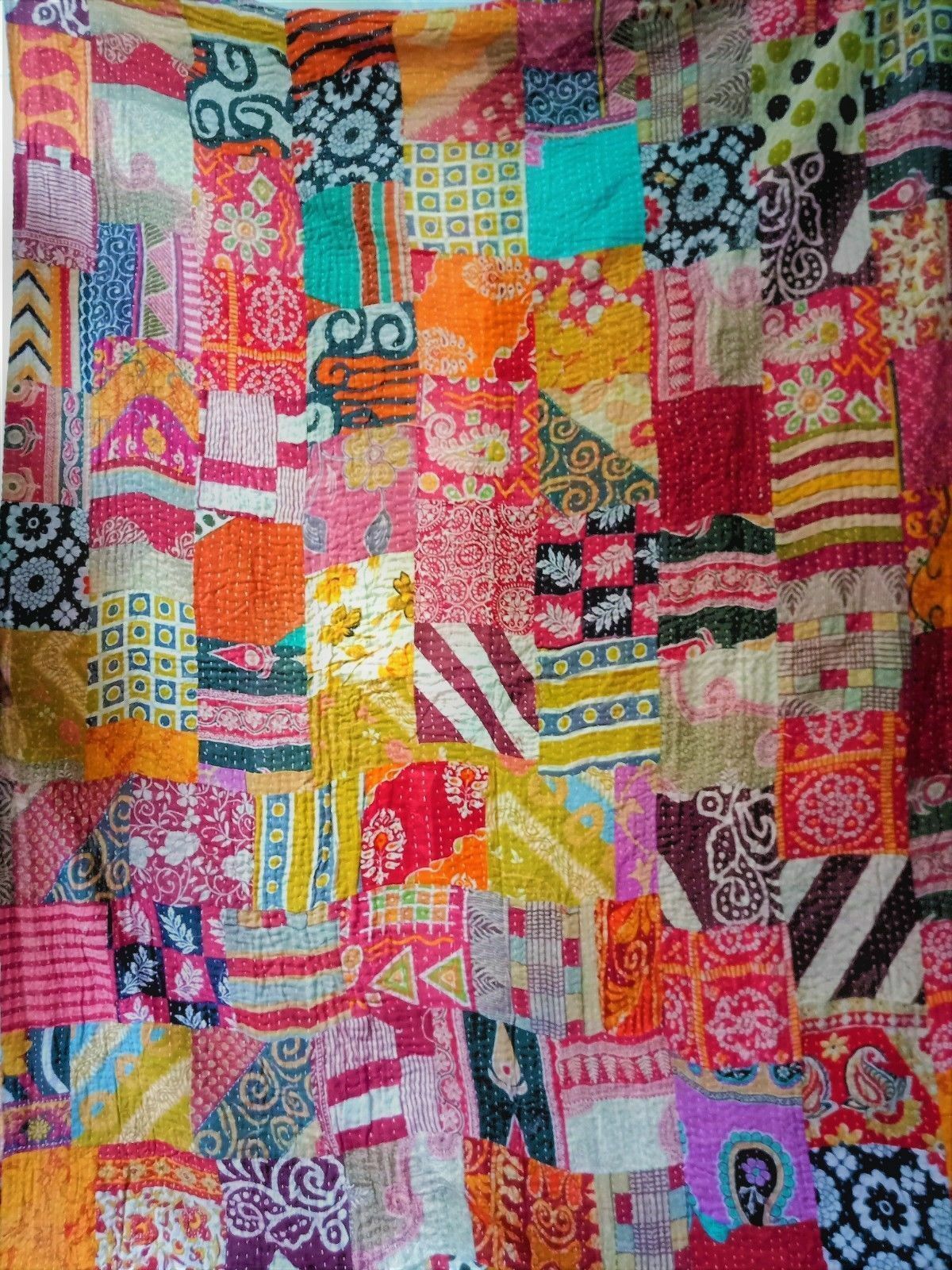 Indian Handmade Quilt Vintage Patchwork Kantha Bedspread Throw Cotton Blanket 