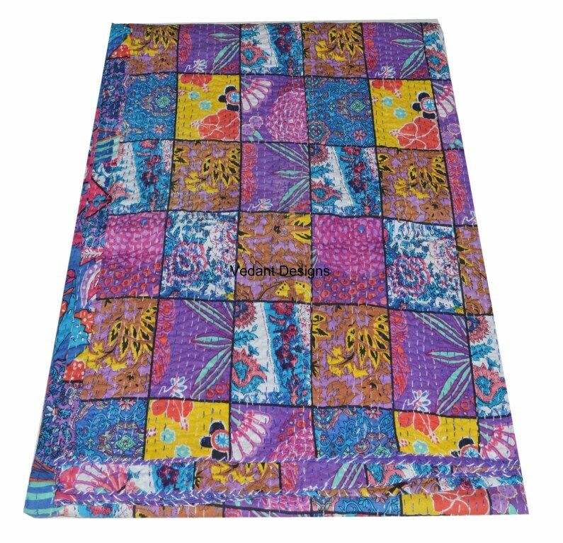 Indian Handmade Quilt Kantha Floral Print Bedspread Cotton Blanket Queen Size