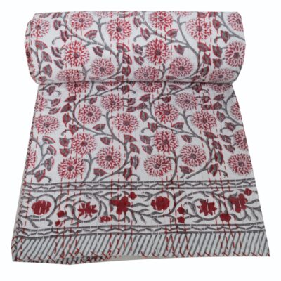 Twin Size Kantha Quilt Indian Kantha Quilt, Floral Cotton Blanket Handmade Bedspread Hand Block Print, 100% Cotton Bedspread Blanket Throw